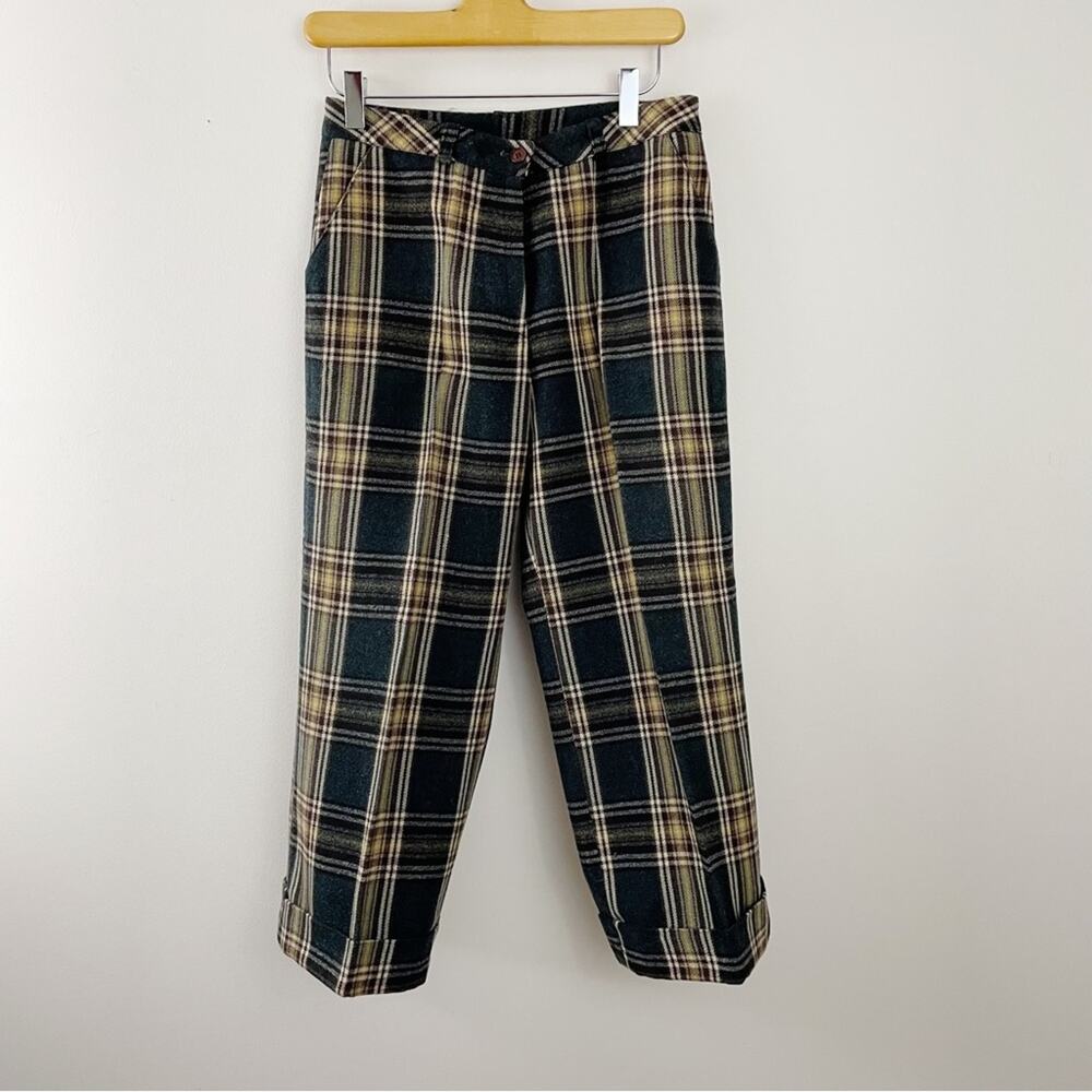 Vintage 80s Grey Brown gold Wool Plaid Cropped Cuffed Trousers pants womens S 26